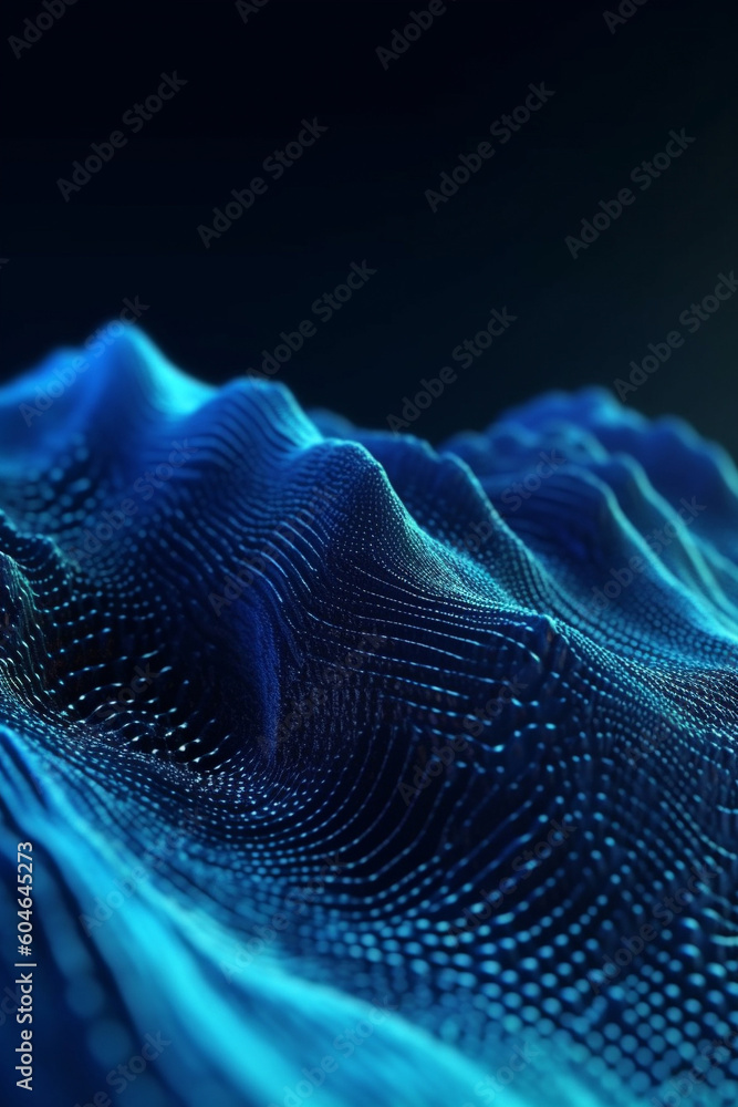 Poster 3d neon blue wave of dots and interlacing lines. abstract background. sci-fi theme with glowing part