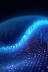 3D neon blue wave of dots and interlacing lines. Abstract background. Sci-fi theme with glowing particles form curved lines