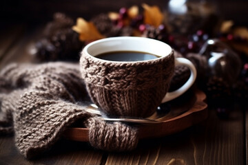 Autumn composition with a cup of hot black coffee with knitted material on a wooden table