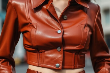 Close up fashionable details of bright brown leather classy jacket with metallic buttons. Fancy women's clothing concept