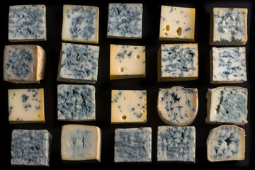 Different types of blue cheeses by rows on black board, created with Generative AI Technology