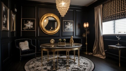 Bedroom decor, home interior design . Art Deco Glamorous style with Chandelier decorated with Brass and Marble material . Generative AI AIG26.