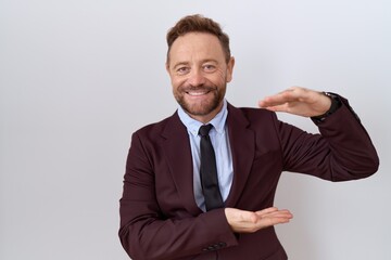 Middle age business man with beard wearing suit and tie gesturing with hands showing big and large size sign, measure symbol. smiling looking at the camera. measuring concept.