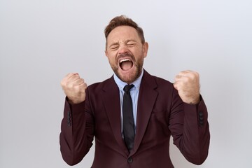 Middle age business man with beard wearing suit and tie very happy and excited doing winner gesture with arms raised, smiling and screaming for success. celebration concept.