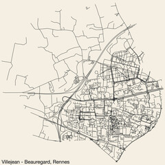 Detailed hand-drawn navigational urban street roads map of the VILLEJEAN - BEAUREGARD QUARTER of the French city of RENNES, France with vivid road lines and name tag on solid background