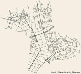 Detailed hand-drawn navigational urban street roads map of the NORD - SAINT-MARTIN QUARTER of the French city of RENNES, France with vivid road lines and name tag on solid background