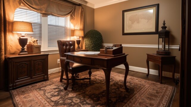 Interior Design Of Home Office In Traditional Style With Antique Desk Decorated With Leather Chair, Oriental Rug Material. Colonial Architecture. Generative AI AIG24.