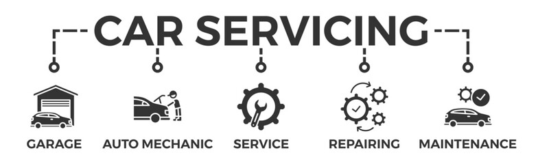 Car servicing banner web icon vector illustration concept with icon of garage, auto mechanic, service, repairing and maintenance