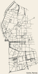 Detailed hand-drawn navigational urban street roads map of the CENTRE QUARTER of the French city of RENNES, France with vivid road lines and name tag on solid background