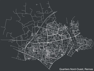 Detailed hand-drawn navigational urban street roads map of the QUARTIERS NORD-OUEST QUARTER of the French city of RENNES, France with vivid road lines and name tag on solid background