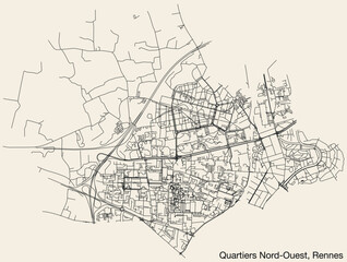 Fototapeta na wymiar Detailed hand-drawn navigational urban street roads map of the QUARTIERS NORD-OUEST QUARTER of the French city of RENNES, France with vivid road lines and name tag on solid background