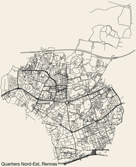 Detailed hand-drawn navigational urban street roads map of the QUARTIERS NORD-EST QUARTER of the French city of RENNES, France with vivid road lines and name tag on solid background