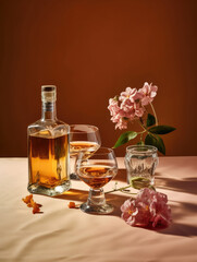 Alcohol elite brandy and flower on the table