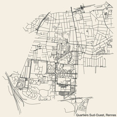 Fototapeta na wymiar Detailed hand-drawn navigational urban street roads map of the QUARTIERS SUD-OUEST QUARTER of the French city of RENNES, France with vivid road lines and name tag on solid background