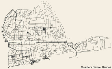 Fototapeta na wymiar Detailed hand-drawn navigational urban street roads map of the QUARTIERS CENTRE QUARTER of the French city of RENNES, France with vivid road lines and name tag on solid background