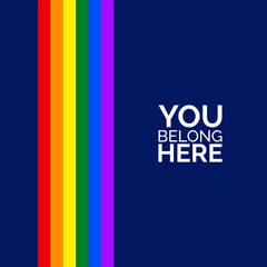 LGBTQIA Pride Month Banner. YOU BELONG HERE Text on Dark Blue Background with LGBTQIA Pride Flag