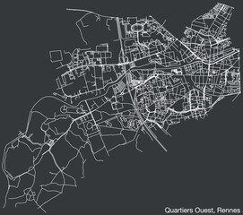 Detailed hand-drawn navigational urban street roads map of the QUARTIERS OUEST QUARTER of the French city of RENNES, France with vivid road lines and name tag on solid background