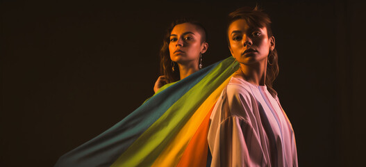 A lesbian couple with a rainbow flag in a studio shot. Image Generative AI