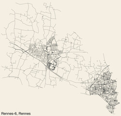 Detailed hand-drawn navigational urban street roads map of the RENNES-6 CANTON of the French city of RENNES, France with vivid road lines and name tag on solid background