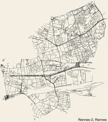 Fototapeta na wymiar Detailed hand-drawn navigational urban street roads map of the RENNES-2 CANTON of the French city of RENNES, France with vivid road lines and name tag on solid background