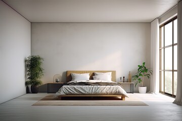 Wide angle of comfortable and modern Japandi decor bedroom using generative AI