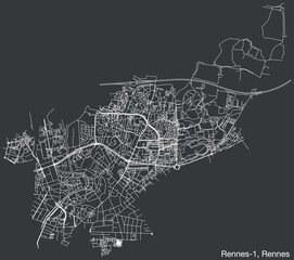 Detailed hand-drawn navigational urban street roads map of the RENNES-1 CANTON of the French city of RENNES, France with vivid road lines and name tag on solid background