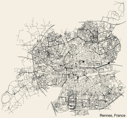 Obraz na płótnie Canvas Detailed hand-drawn navigational urban street roads map of the French city of RENNES, FRANCE with solid road lines and name tag on vintage background