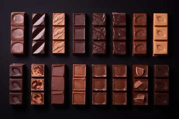 many different chocolate bars, top view,  created with Generative AI Technology