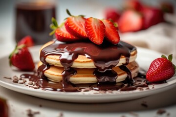 Generative AI pancake with chocolate glaze and slice strawberry Food Photography