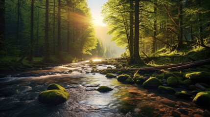 Obrazy na Plexi  Lumière matinale sur le ruisseau forestier