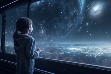 Fototapeta premium Child look at night Sky with many stars through the panoramic window of spaceship, created with Generative AI Technology