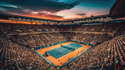 Court de tennis et public au coucher de soleil