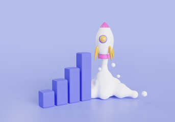 Rocket rising moving up with growthing bar chart. Growth business and investment, Marketing time, Start up business, Business success strategy. Business startup concept. 3d rendering illustration