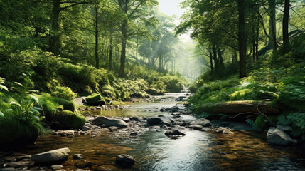 Obraz premium Rivière et sous-bois, rayon de lumière