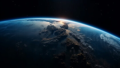 Fototapeta na wymiar Satellite orbiting planet Earth illuminates Africa in glowing sunset illustration generated by AI
