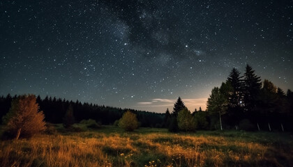 Obraz na płótnie Canvas Tranquil star trail illuminates majestic mountain range in summer meadow generated by AI