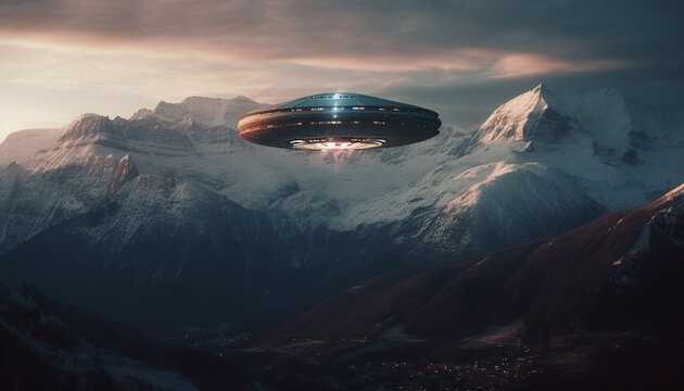 Futuristic spaceship levitates over majestic mountain range, discovering alien landscape generated by AI