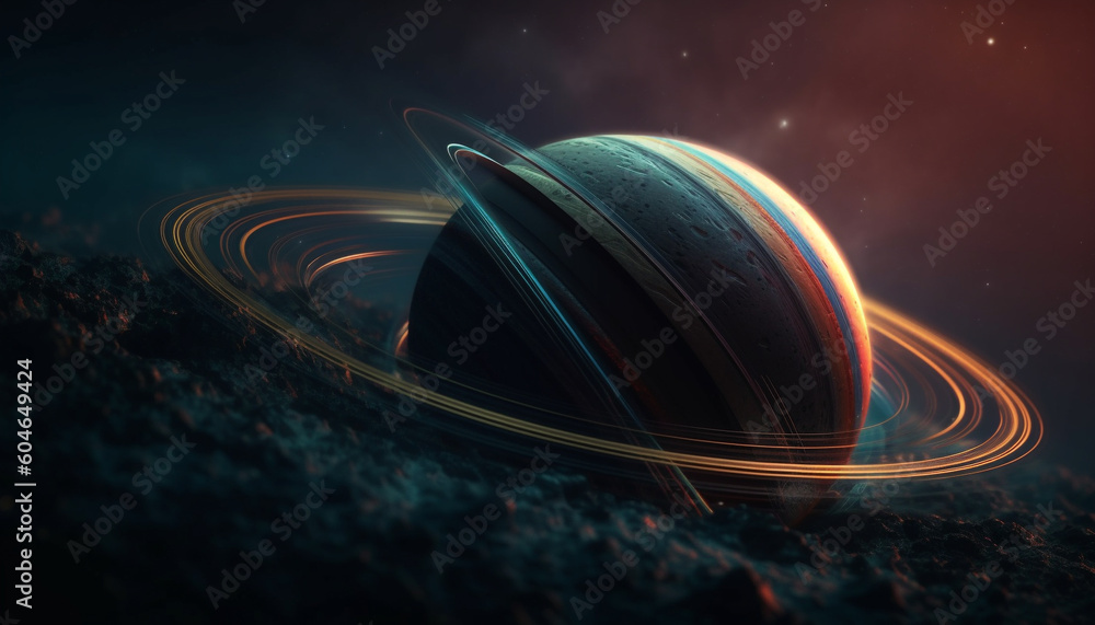 Poster spaceship orbits dark galaxy, passing by glowing nebula and stars generated by ai