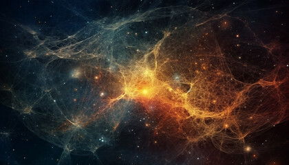 Fototapeta premium Futuristic galaxy explodes in a shining, chaotic supernova backdrop generated by AI