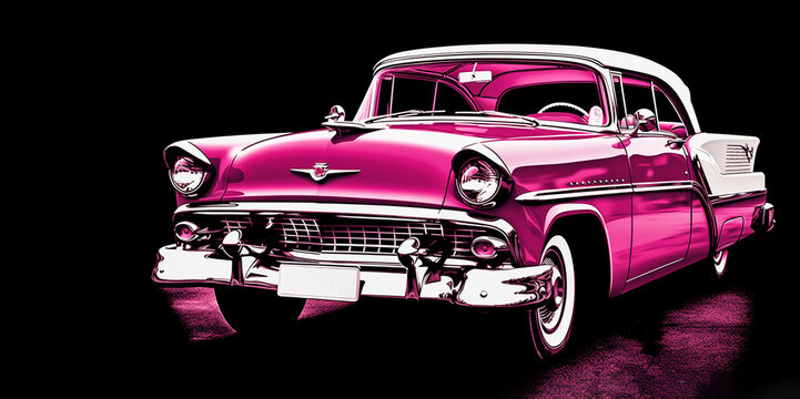 Painting of a pink retro car on a black background, copy space, Generated AI