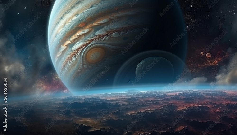 Poster spaceship orbiting nebula in deep outer space, a futuristic fantasy generated by ai
