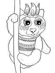 contour line illustration children's cartoon style animal cute panda in indian costume on tree element for coloring printable stickers or card