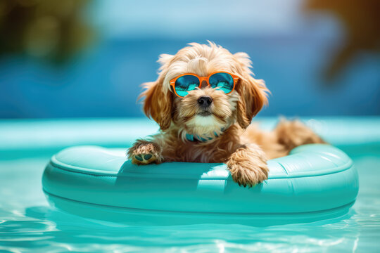 puppy wearing sunglasses in a pool float by generative AI