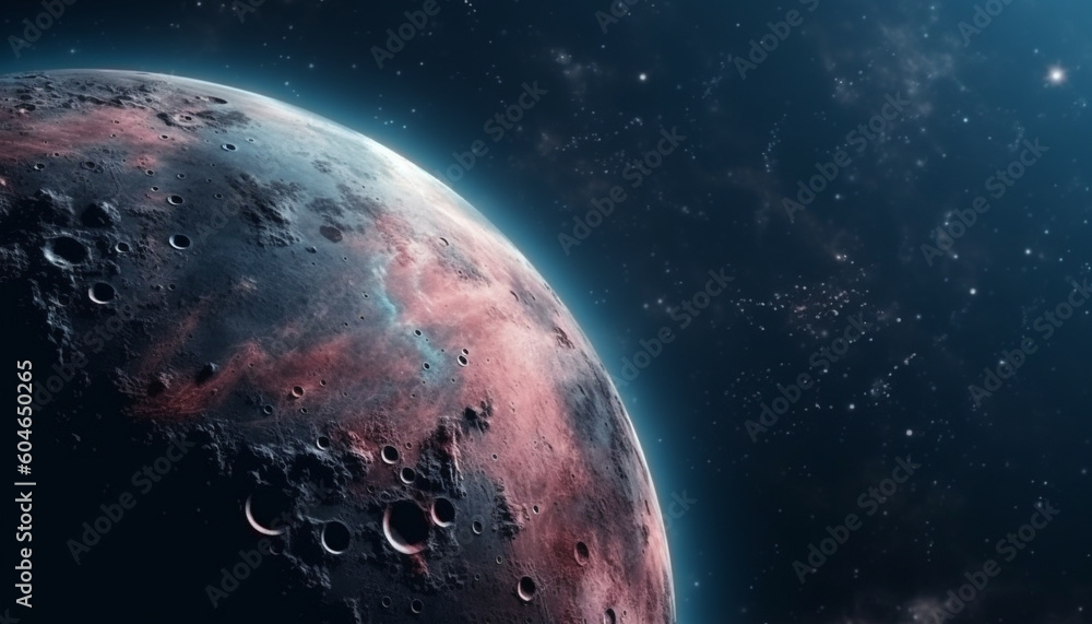Poster a glowing satellite orbits a dark planet in deep space generated by ai