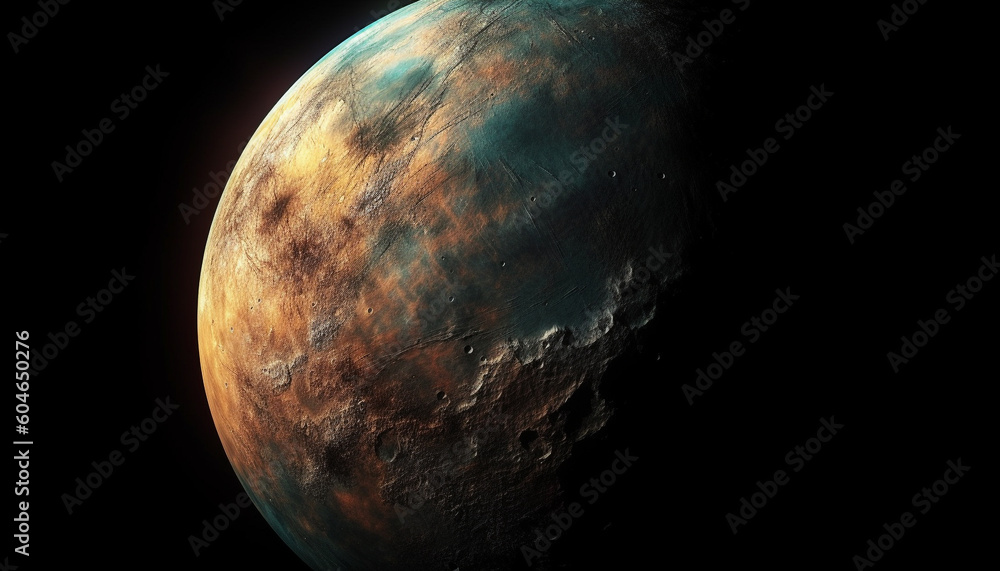 Poster sunset illuminates the dark sphere orbiting the glowing planet generated by ai