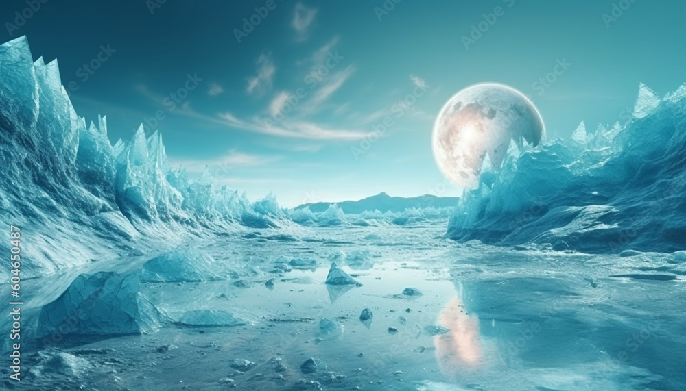 Poster futuristic spaceship orbits icy planet in digitally generated alien landscape generated by ai