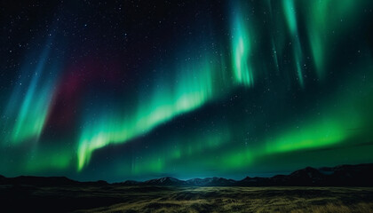 Majestic mountain range illuminated by vibrant aurora polaris in Tromso generated by AI