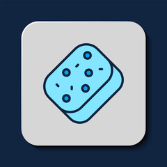 Filled outline Sponge with bubbles icon isolated on blue background. Wisp of bast for washing dishes. Cleaning service logo. Vector