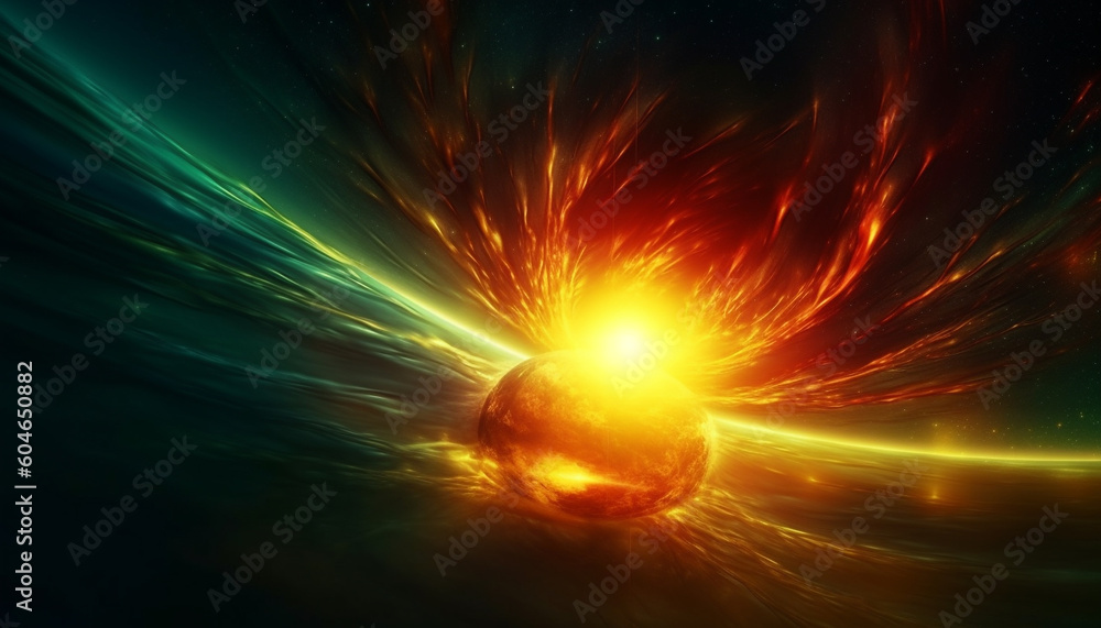 Poster electricity orbits glowing sphere in abstract galaxy of multi colored nature generated by ai