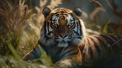 Animal Power - Creative and wonderful colored image of a tiger lying in the jungle at noon, as true to the original as possible and photo-like